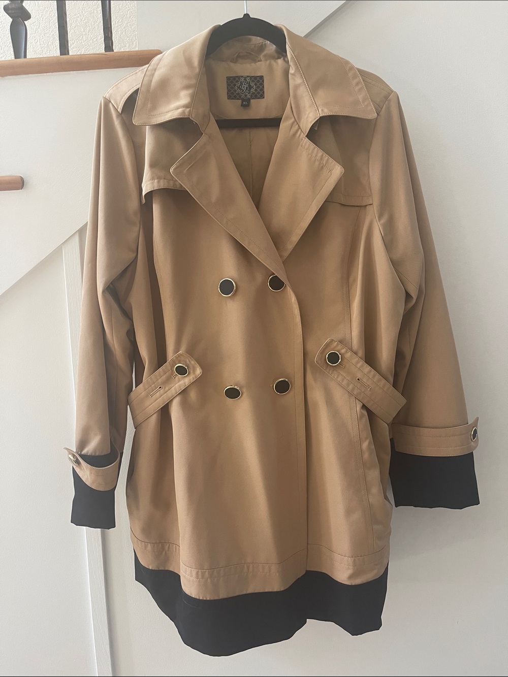 BGSD Classic Beige Trench Coat with Black Contrast Cuffs and Hood NWOT Size XL